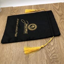 Black Satin Hair Drawstring Bag With Tassels