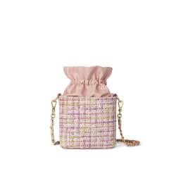 Factory Wholesale Elegant Tweed Drawstring Womens Bucket Bags Pu Leather Metal Chain Custom Logo Stylish Ladies Crossbody Bags