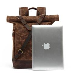 Factory high quality waxed canvas Retro Leather roll top rucksack casual computer bag travel school laptop backpacks for men