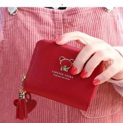 New In-Stock Korean Women's Short Cartoon Cute Bear Tassel Wallet Waterproof Zipper Bag for Female Students and Coin Purse
