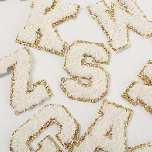 Factory Direct Sale Stock New Custom Designer Patches Embroidery Adhesive White Chenille Glitter Greek Letter Patches