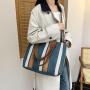 ZF005 Logo with Custom Printed Woman New Fashion Striped Canvas Tote Bag Cotton Flax Handbag Travel Shopping Bag