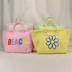Keymay Hot Sale Custom Logo Embroidery Patches Multi-color Cute Fringe Canvas Travel Bag Women Bags Handbag Canvas Tote Bag