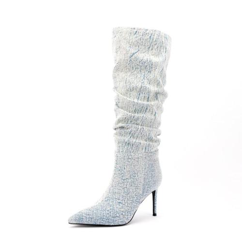 Botas De Invierno 2022 New Fashion Slouch Boots Women Suede Leather Denim Pointed Toe Thin High Heels Long Boot Knee High Boots