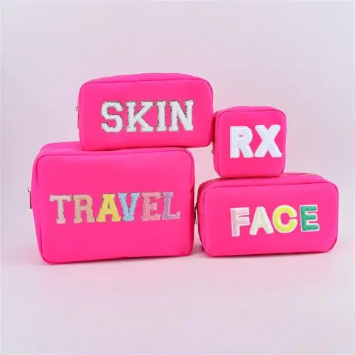 Keymay Personalized Chenille Letter Large Travel Makeup Bag Waterproof Zipper Purse Cosmetic Bag Custom Logo