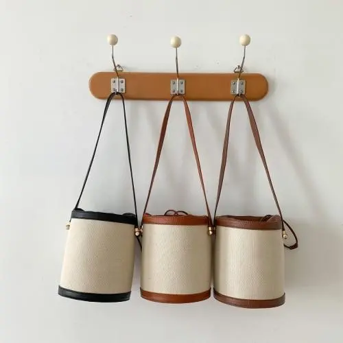 2024 New Design Simple Canvas  Bucket Bag Ladies Hand Shoulder Bag Coffee Brown Black Bucket Bag For Ladies