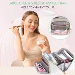Large Travel-Friendly Leather Cosmetic Bag with Strap Portable Waterproof Anti-Dust Makeup Case Women Opens Flat Lay Makeup