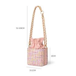 Factory Wholesale Elegant Tweed Drawstring Womens Bucket Bags Pu Leather Metal Chain Custom Logo Stylish Ladies Crossbody Bags