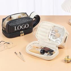 Custom Logo Large Pu Makeup Bag Double Layer Cosmetic Bags with Handle Travel Make Up Bag Organizer with Compartments