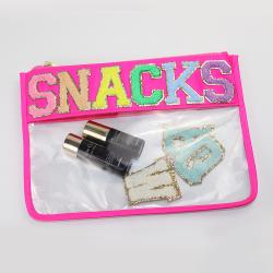 Hot Sale Transparent PVC Toiletry Wash Bag Snack Letter Patch Clear Beauty Makeup Organizer Travel Cosmetic Pouch