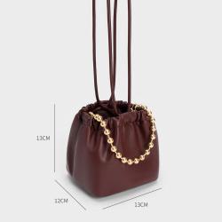Wholesale Custom Women Handbags Nice Quality Soft Vegan Leather With Nice Gold Chain Fashion Drawstring Bucket Bag