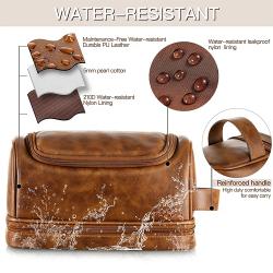 Mens Leather Travel Organizer Kit with hanging hook Large Water-resistant Toiletries Bathroom Shaving Bags