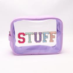 Keymay DIY Chenille Glitter Letetr Patches Organizer Makeup Travel Cosmetic Bags Clear Pvc Pouch Transparent Toiletry Bag