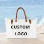 Designer Luxury Women Waterproof Extra Large Cotton Canvas Beach Bag with Leather Handle