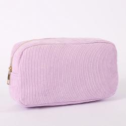 RTS Soft Corduroy Recycled White Color Large Cosmetic Personalized Makeup Bag With Custom Glitter Chenille Patch Logo