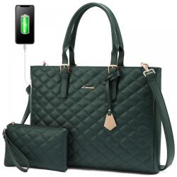 Fashion Quilted Leather 2pcs geometric Briefcase luxury ladies Shoulder Purses and Handbags Large tote Laptop bag Women with USB