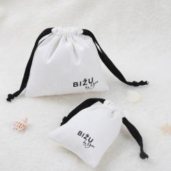 Luxury Custom Logo Printed White Herringbone Cotton Drawstring Bag Jewelry High End Twill Cotton Gift Pouch With Divider