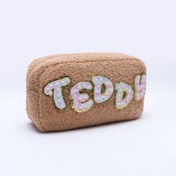 Keymay DIY GLAM STUFF MAMA SNACKS Embroidery Chenille Letter Patches Teddy Make Up Pouch Makeup Storage Bag Cosmetic Travel Bag