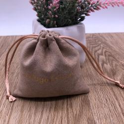 Gold Hot Stamping Logo Khaki Faux Suede Drawstring Pouch