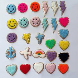 Stock Multi Colorful Cute Embroidered Sticky Applique for Clothing Smiley Face Rainbow Letters Heart Adhesive Chenille Patch