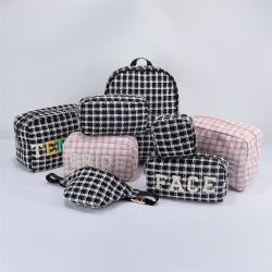 Keymay RTS Adjustable Shoulder Strap Cherecked Plaid Black Beige Tweed Fanny Pack Everyday Waist Pouch Fanny Pack Crossbody