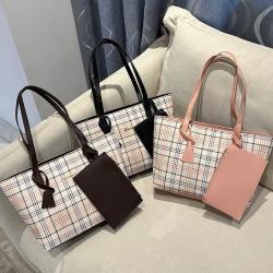 2024 Ladies Korean Style Handbag Large Capacity Check Print Tote Bag Single Strap New Fashionable Shopping Shoulder Bag Women