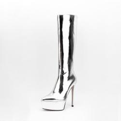 Banquet Botas Hot Selling Lady High Heels Metallic Boots Women Thick Sole Back Zipper Pointy Toe Platform Heels Mid Calf Boots