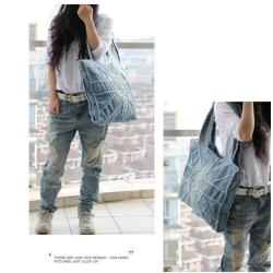 Large Fitness Travel Bag for European and American Men and Women Washed Denim Shoulder Bag Fashionable Mother Bag Style