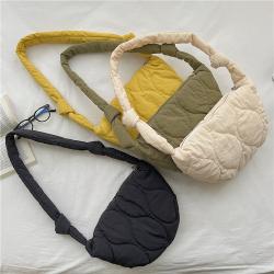 New Korean Fashion Hobos Crossbody Bag Simple Slingbag Black Casual Nylon Women Padded Cotton Puff Soft Shoulder Messenger Bag