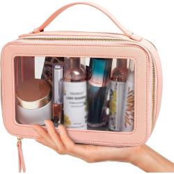 Travel Makeup Leather Make Up Bag Clear Cosmetic Bag with Zipper Makeup Organizer Bag with Detachable Brush Holder