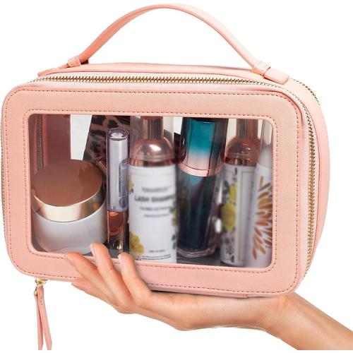 Travel Makeup Leather Make Up Bag Clear Cosmetic Bag with Zipper Makeup Organizer Bag with Detachable Brush Holder