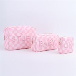 Keymay High Quality Custom Print Pattern Embroidery Letter Cherecked Plaid Cosmetic Bag Initial Makeup Bag Custom Print Pouch
