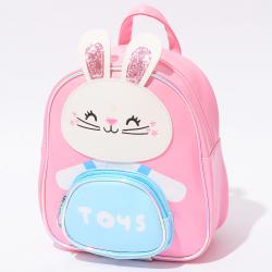 Keymay Custom Cute Rabbit Pink Leather Girls School Bag with Front Pockets Inner Compartments Lightweight kids backpack