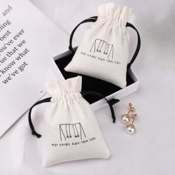 Custom Logo Printed Brush Canvas Cotton Dust Bag For Jewelry Antique Drawstring Bracelet Packaging Jewelry Pouch