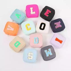 Keymay High Quality 23 Colors RTS Stock DIY Personalized Chenille Letter Waterproof Pouch Nylon Makeup Bags Travel Cosmetic Bag