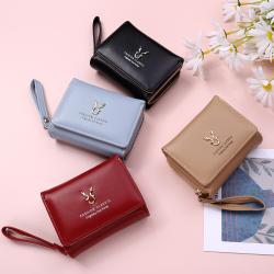 Women'S Pu Leather Short Deer Horn Wallet Mini Zipper Wallet Cartoon Three Fold Buckle Card Bag Women Bags Designer