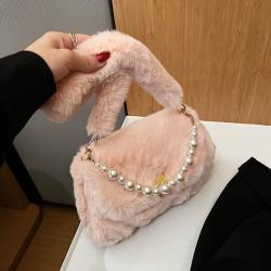 2022 Winter New Plush Bag Women's Pearl Chain Small Fragrant Shoulder Bag Versatile Wool