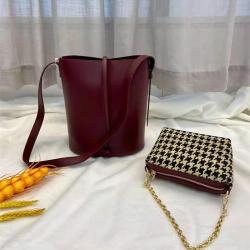 2021 New arrivals Genuine Leather 2 Sets Large Capacity Single Shoulder Bucket Bag Houndstooth Cosmetic Bag Set