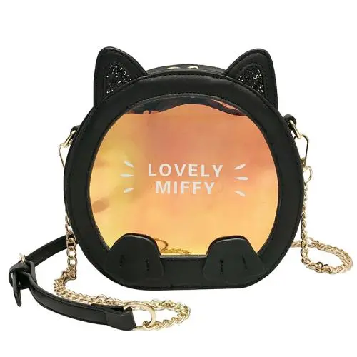 Lovely cat design chain girls shoulder leather crossbody bag customized holographic Ita bag