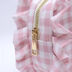 Keymay RTS Custom Logo Girls Cute Gingham Ruffle Plaid Makeup Bag Case Cosmetic Travel Bag Cosmetics Organizer with Gold Zipper