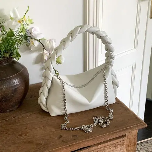 2024 Design Twist Handle Handbag High Quality PU Leather Bright Color Messenger Bag Detachable Chain Shoulder Bag Women