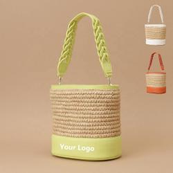 Wholesale Custom Logo High Quality Ladies Straw Handbags Fashion Drawstring Beach Bag Woven Shoulder Strap Womens Bucket Bags