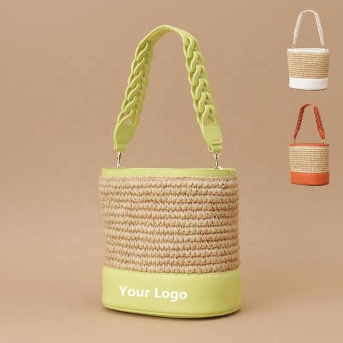 Wholesale Custom Logo High Quality Ladies Straw Handbags Fashion Drawstring Beach Bag Woven Shoulder Strap Womens Bucket Bags