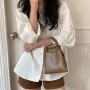 Korean bag cute brown chain lipstick bag Pu leather button style handbag metal clip opening mini bag