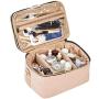 Double Layer Travel Makeup Bag with Strap Large Cosmetic Case Organizer Fits Bottles Vertically