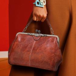 New Arrival Wholesale Kiss Lock Hollow Oil Wax PU Leather Handbags For Women Luxury Women Shoulder Handbag