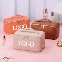 ISO BSCI Factory Custom Logo Luxury Pu Leather Plaid Embossed Portable Travel Storage Makeup Cosmetic Bags