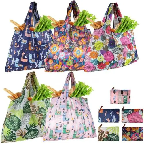 Custom Logo Printed Reusable Eco Friendly Waterproof Foldable Polyester Grocery Shopping Tote Shoulder Bag For Travel Beach