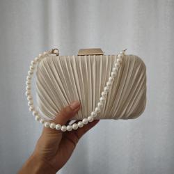 New Arrival Pearl Chain Satin Wrinkle Clutch Bag Handbag Party Bride Wedding Purse Apricot Pleated Evening Bags For Women evening bag 2024