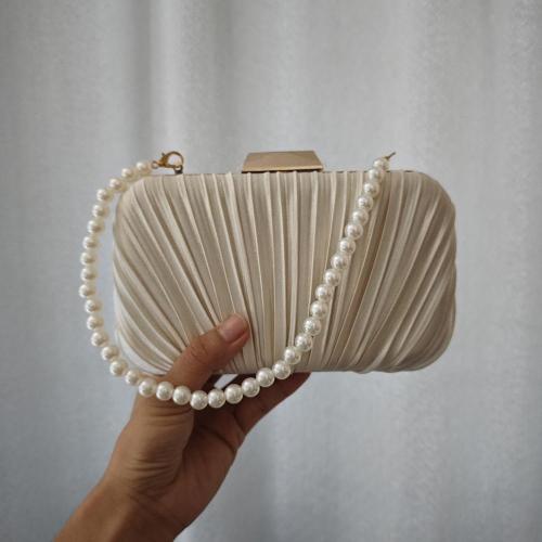 New Arrival Pearl Chain Satin Wrinkle Clutch Bag Handbag Party Bride Wedding Purse Apricot Pleated Evening Bags For Women evening bag 2024